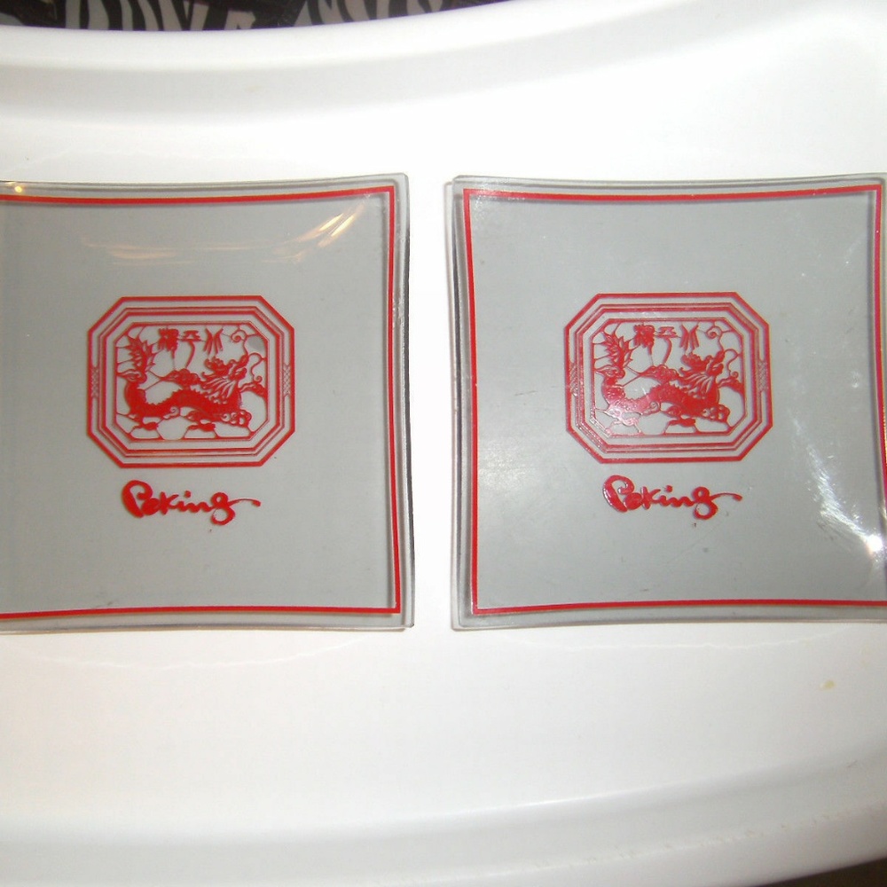 2 Square Glass PEKING Trinket Appetizer Souvenir p